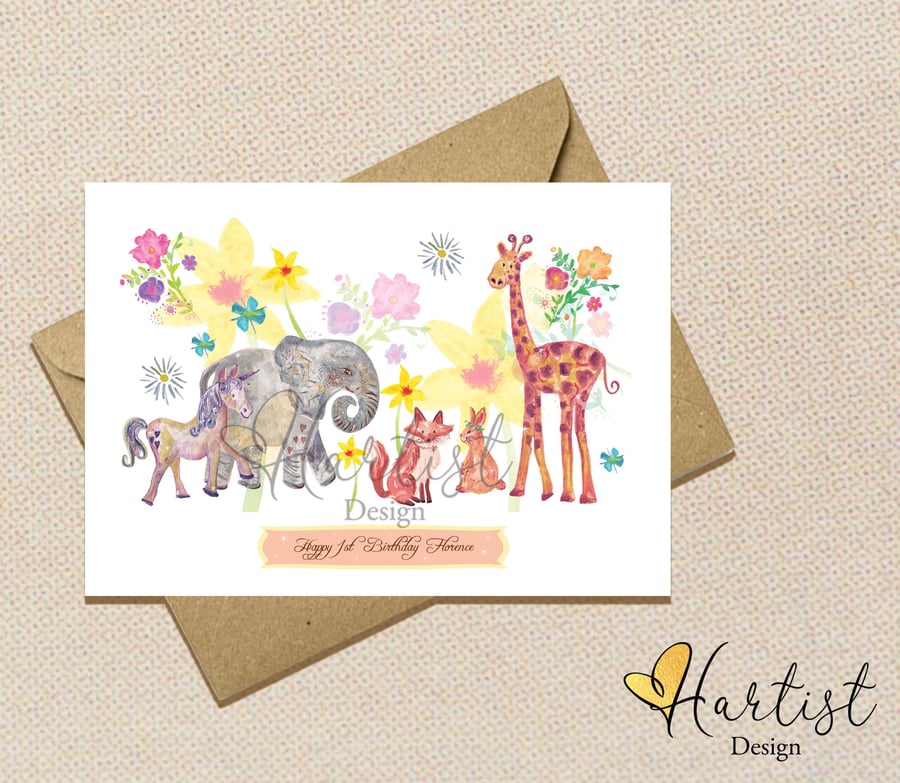 Personalised Noahs Ark Animal card, Elephants, Giraffe, Unicorn hand finished wi