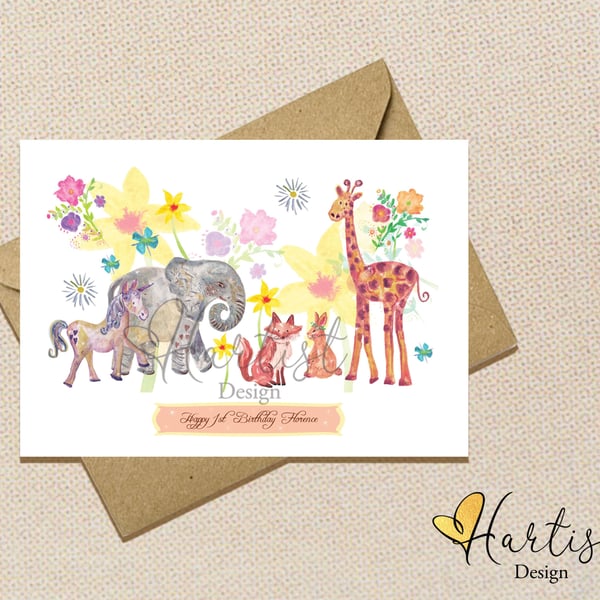 Personalised Noahs Ark Animal card, Elephants, Giraffe, Unicorn hand finished wi