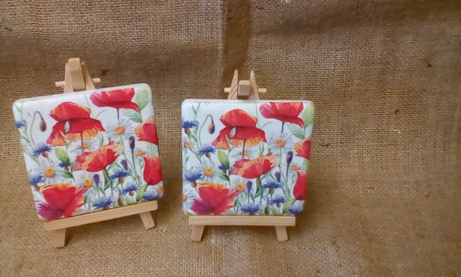 Coaster Set x 2  Wild Flowers   Heat Resistant  10cm Ceramic Tile Coasters