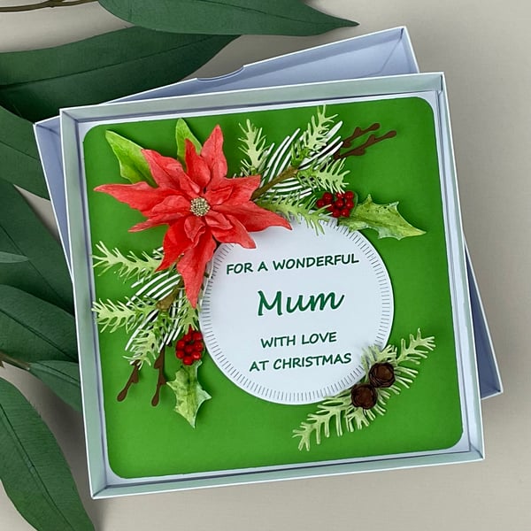 Luxury 3D Christmas Card for Mum, Handmade, Poinsettia, Floral, Boxed