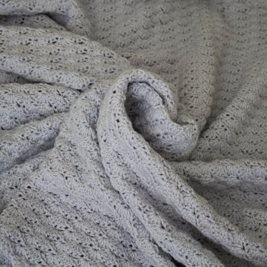 Handmade Silver Grey Shell Stitch Crochet Blanket