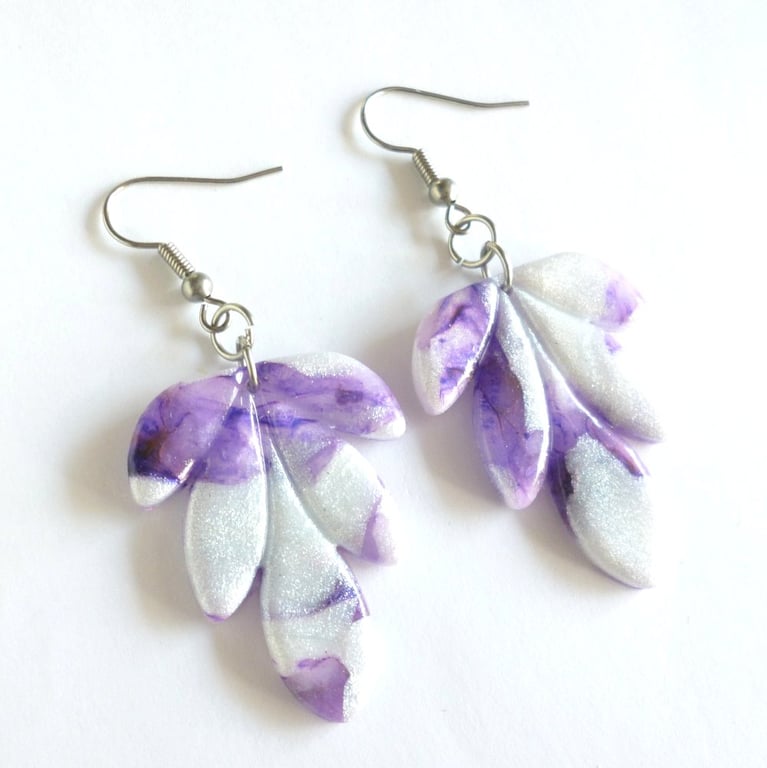 Purple & White Leaf Shaped Polymer Clay Earrings, Botanical Dangles