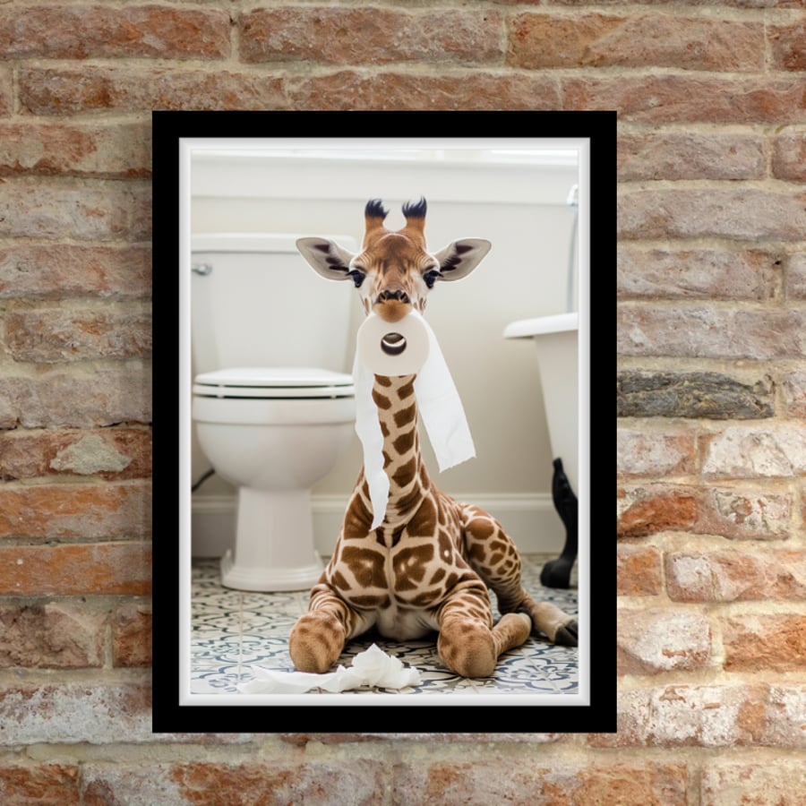 Giraffe with a loo roll in its mouth Bathroom Wall Prints