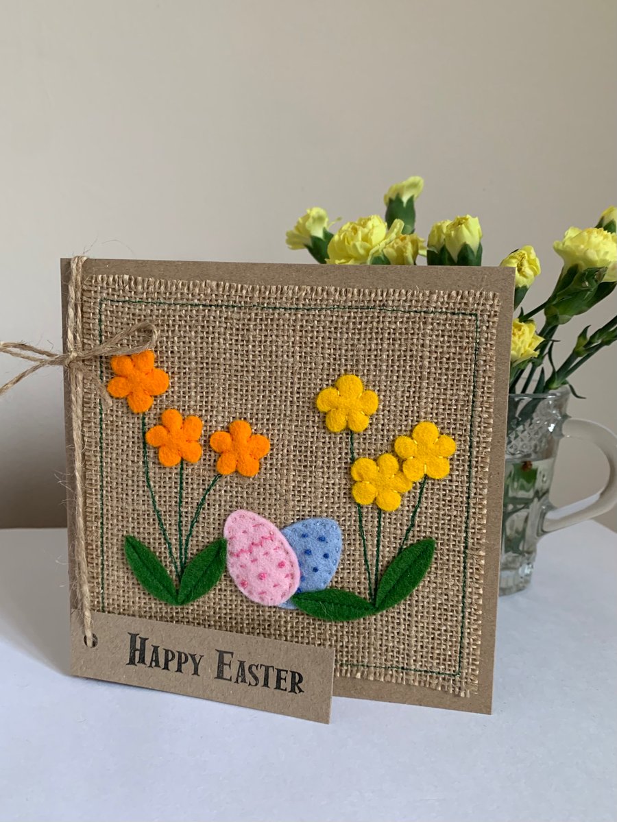 Easter greeting card with flowers pink and blue eggs. Handmade. Wool felt.