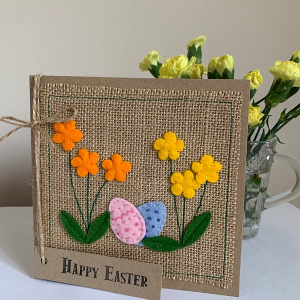Easter greeting card with flowers pink and blue eggs. Handmade. Wool felt.