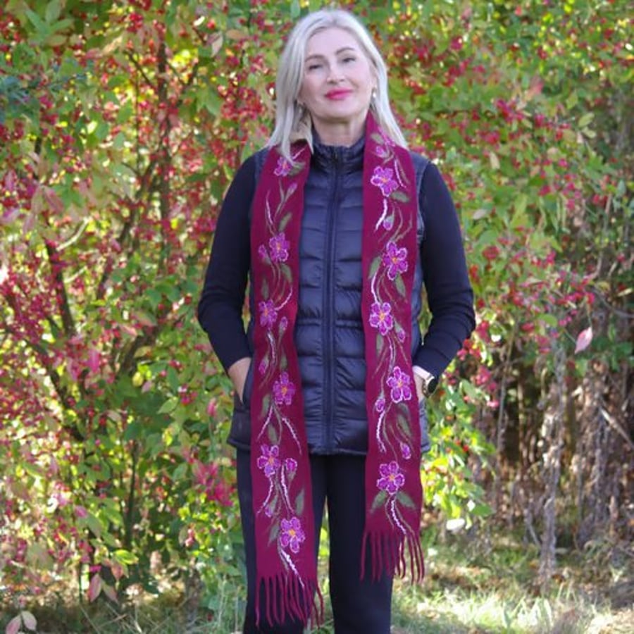 Handmade Felted Wool Scarf – Burgundy Floral Design