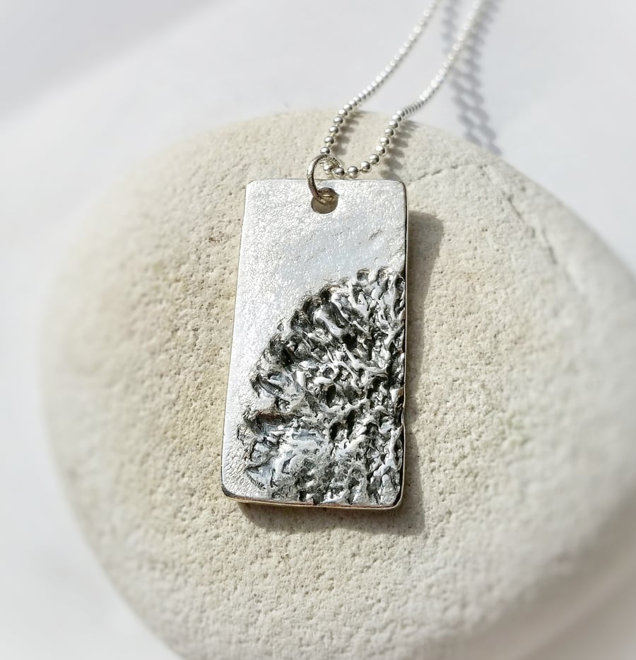 Silver dog tag impressed with Lichen. Nature inspired necklace 