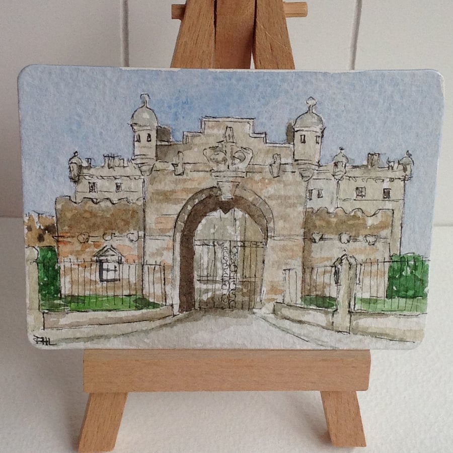 ACEO original watercolour George Heriot's School Gatehouse, Edinburgh