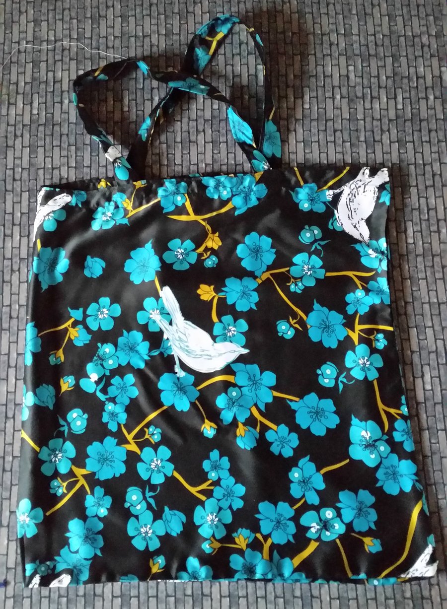 Silk Shopping or Tote Bag - Birds and Flowers Design 