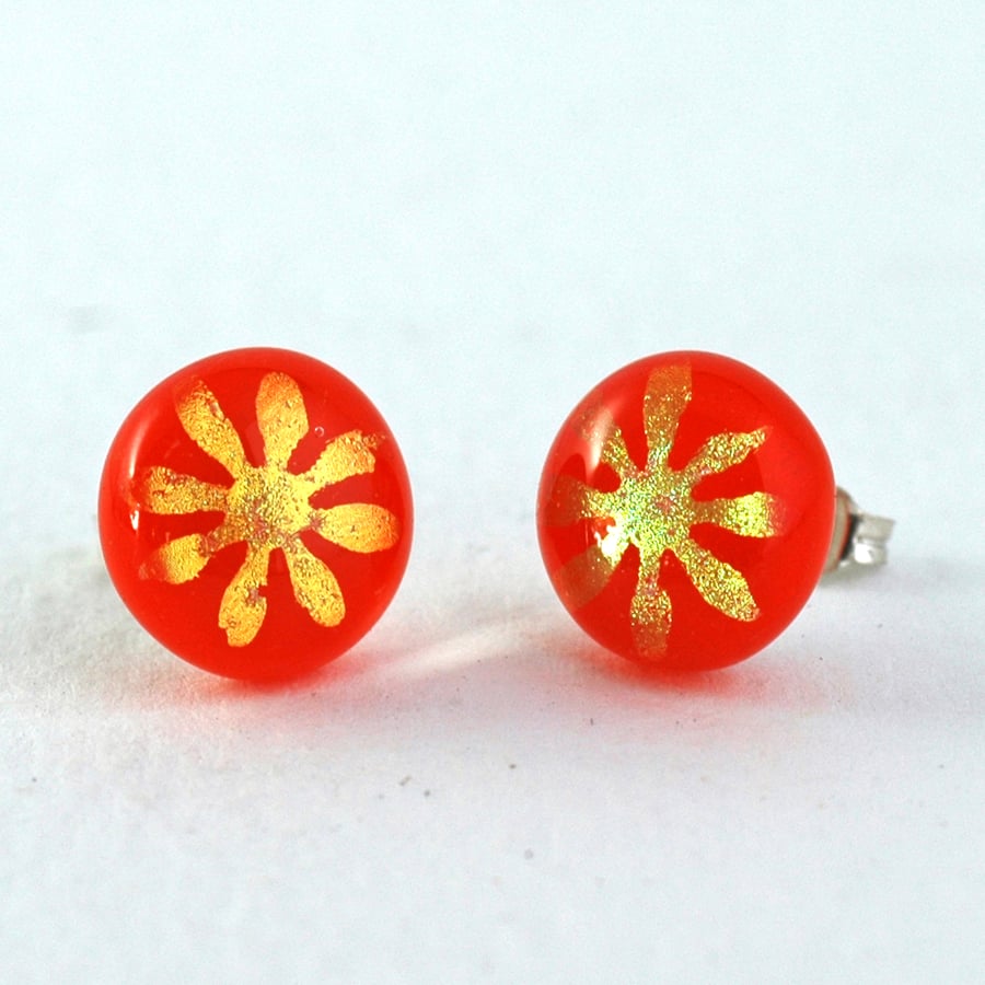 Orange and Gold Flower Glass Stud Earrings