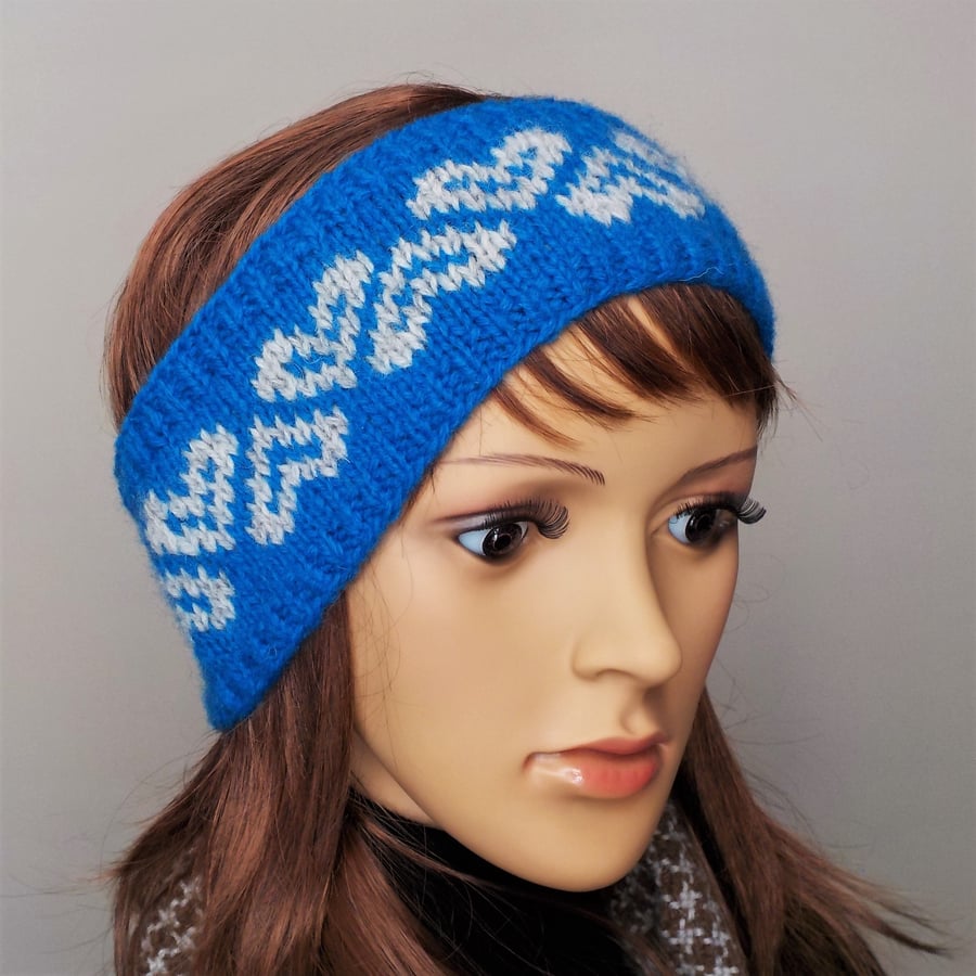 Blue heart hairband hand-knitted British Shetland wool ear warmer headband