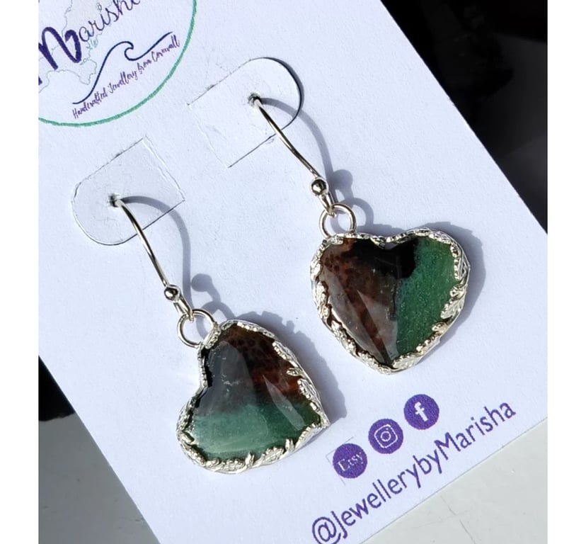 Blue Opalized Petrified Wood Heart Earrings Wrapped in Sterling Silver Leaves