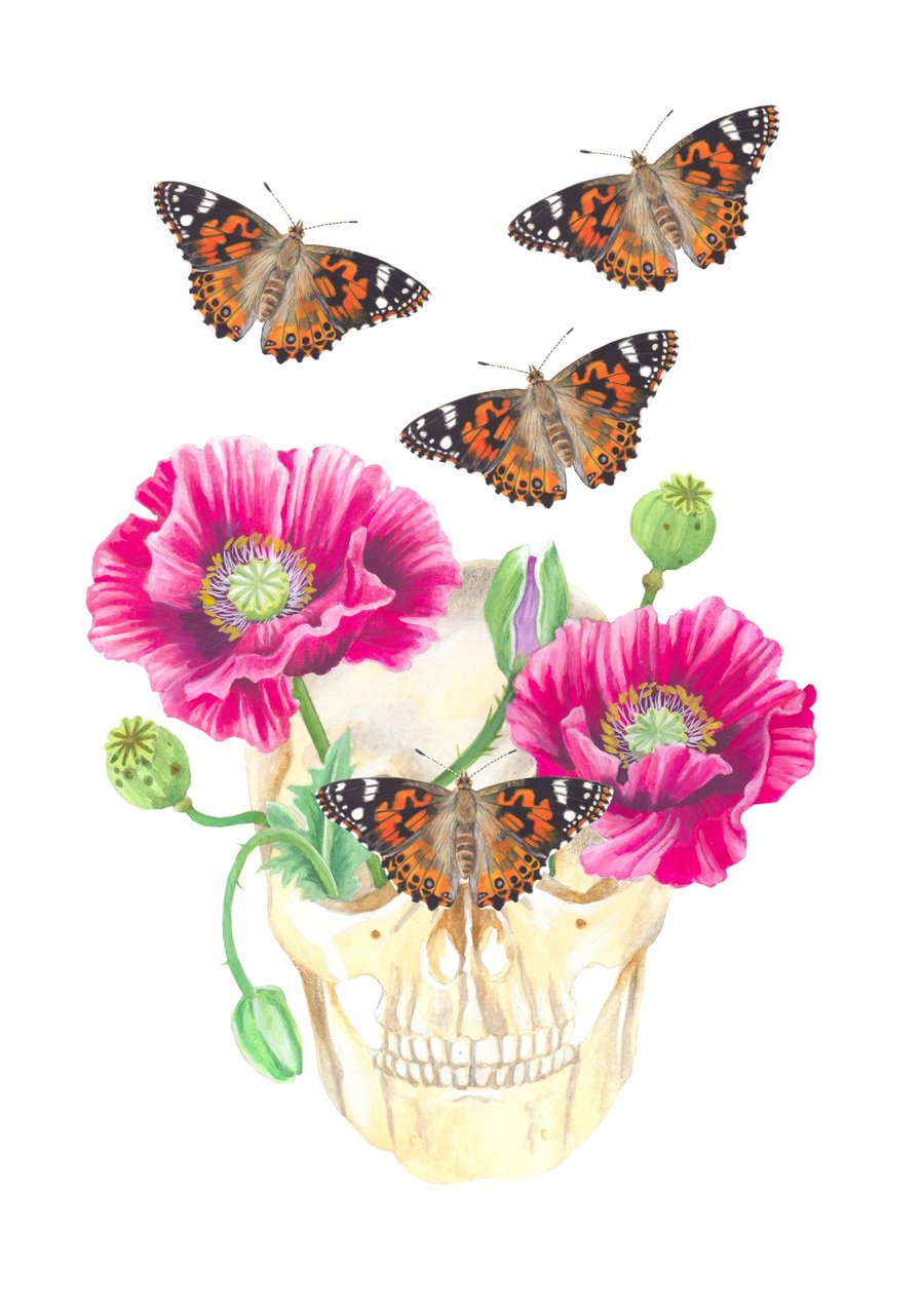 A4 Skull with Poppies & Butterflies Digital Print