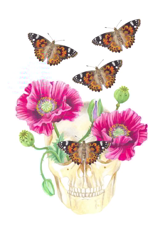 A4 Skull with Poppies & Butterflies Digital Print