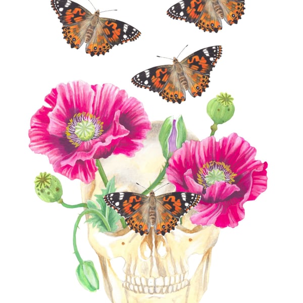 A4 Skull with Poppies & Butterflies Digital Print