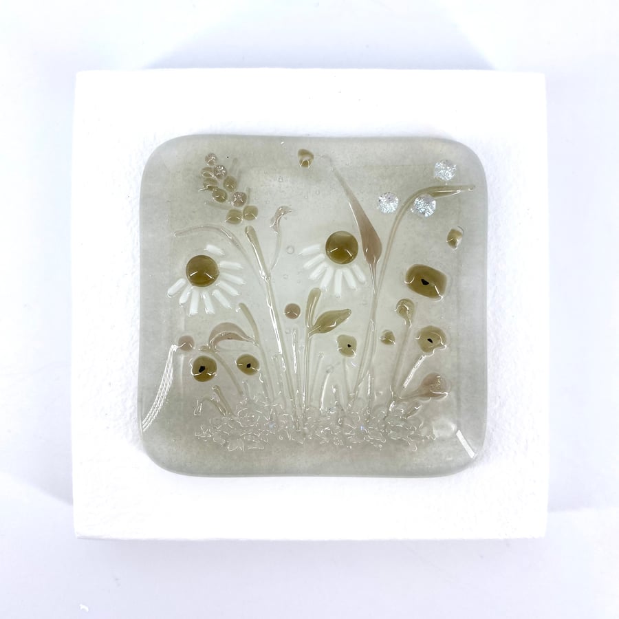 Glass Wild Flower Meadow Picture in Soft Sepia Tones