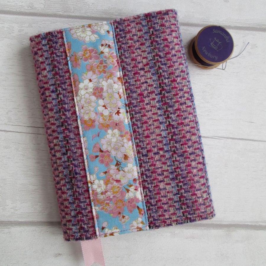 SOLD - A6 'Harris Tweed' Reusable Notebook Cover - Pink. Purple & Cherry Blossom