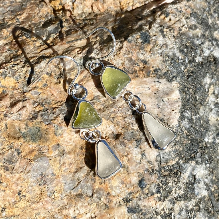 Lime Green &  White Sea Glass Sterling Silver Double Drop Earrings - 1372