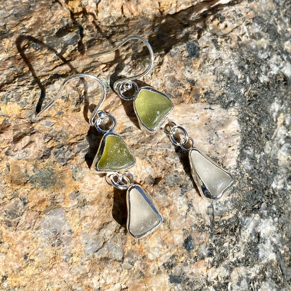Lime Green &  White Sea Glass Sterling Silver Double Drop Earrings - 1372