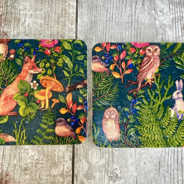 Fox & Owl Woodland  Animals British Wildlife Coasters Set of 2