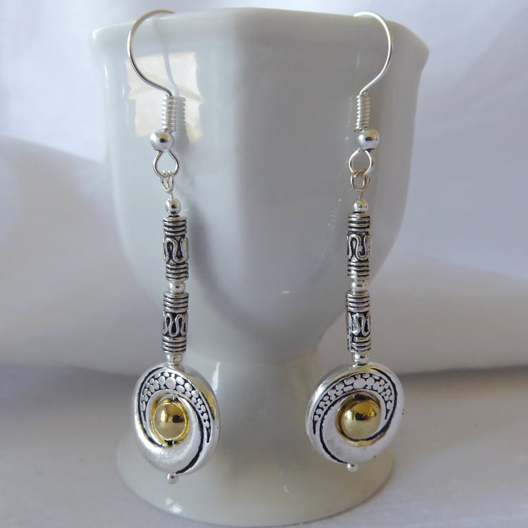 Dragon Eye Earrings A with Tibetan Silver Fancy Tube Beads