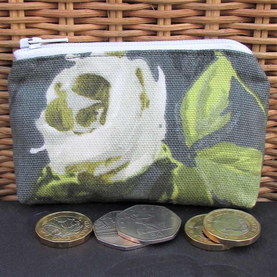 Small purse, coin purse - dark grey with large white Rose