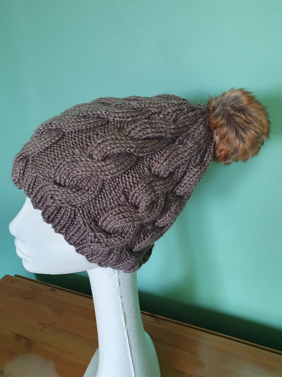 Handknitted  Brown Sparkly Aran Hat with Faux Fur Pompom