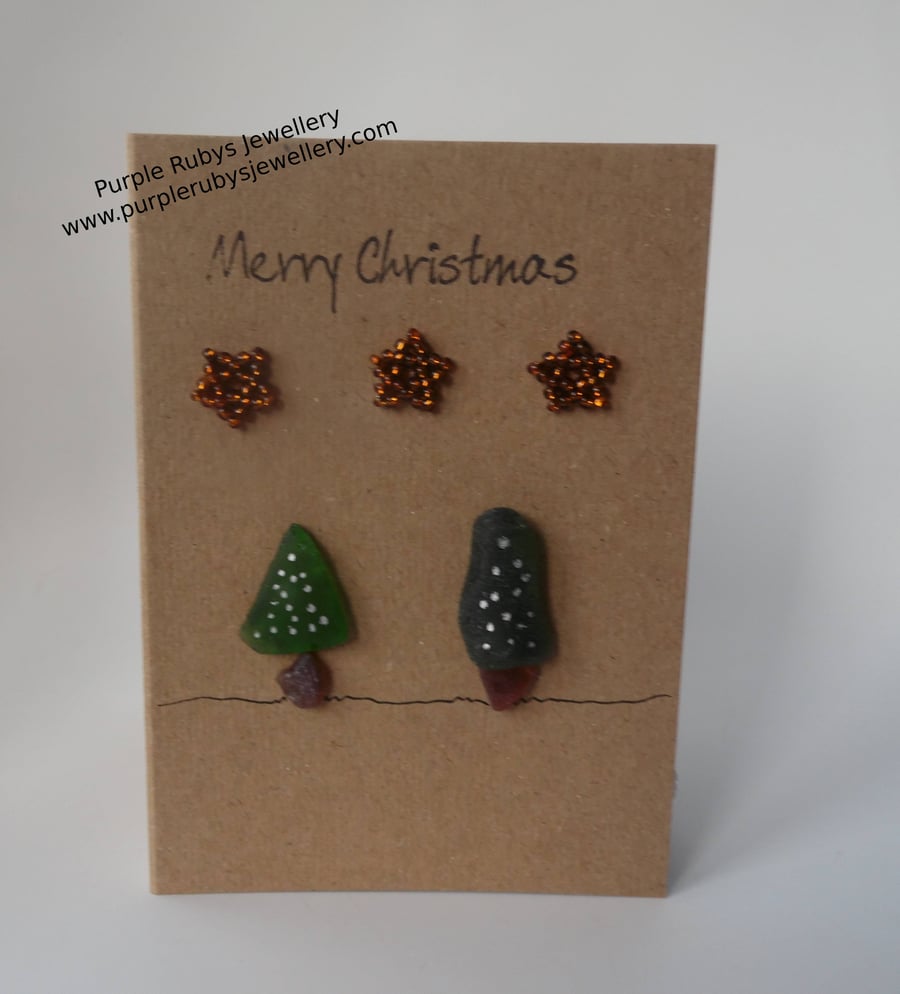 Sea Glass Christmas Trees with Silver Lights Christmas Card C264