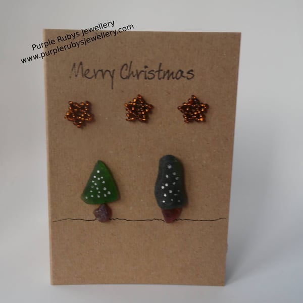 Sea Glass Christmas Trees with Silver Lights Christmas Card C264
