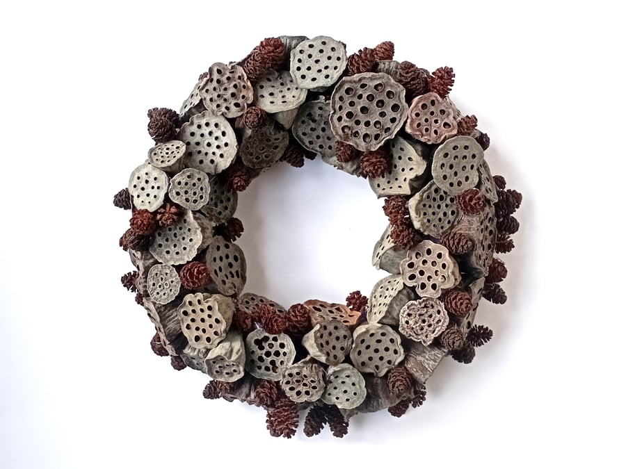 Dried Wreath from Lotus Flower Seed Pods and Alder Cones