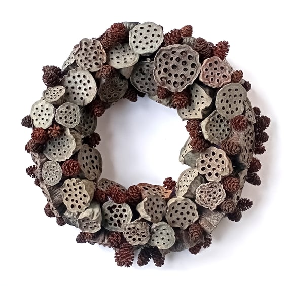Dried Wreath from Lotus Flower Seed Pods and Alder Cones
