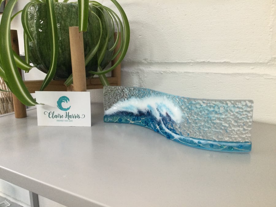 Fused Glass Crashing Wave Turquoise, Small Freestanding Wave. 6cm tall. 