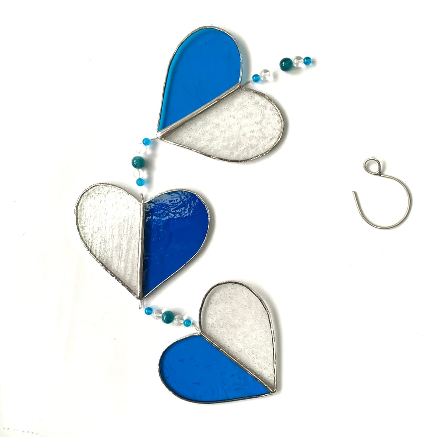 Stained Glass Hearts Suncatcher - Handmade Hanging Decoration - Turquoise 
