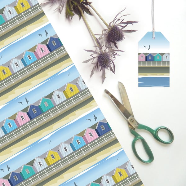 Beach Hut Gift Wrapping Paper - Eco friendly, Pack of 2 folded sheets