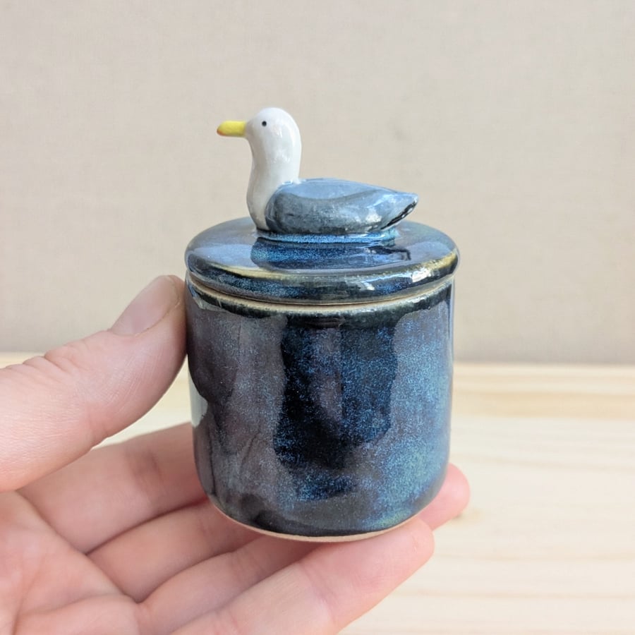 Summer Seconds Small seagull lidded pot, patchy glaze