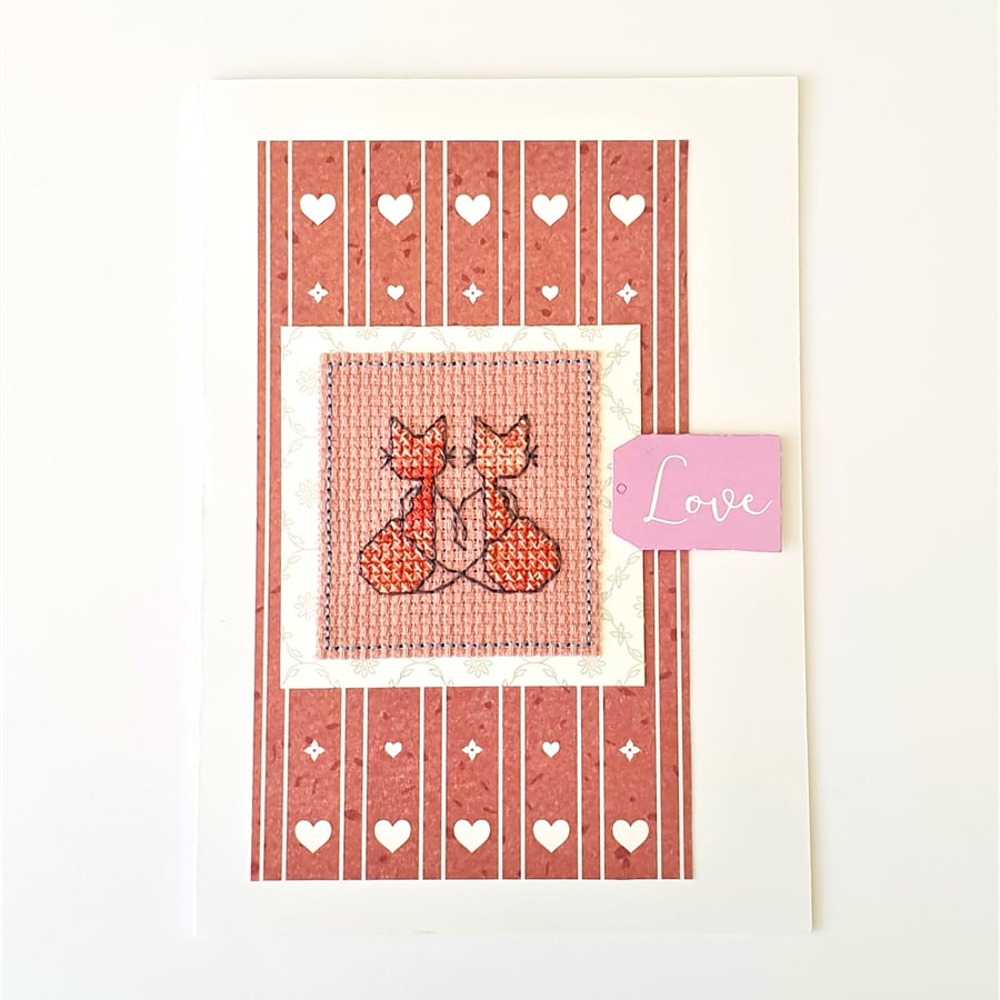 Cats cross stitch card with the wording 'Love'