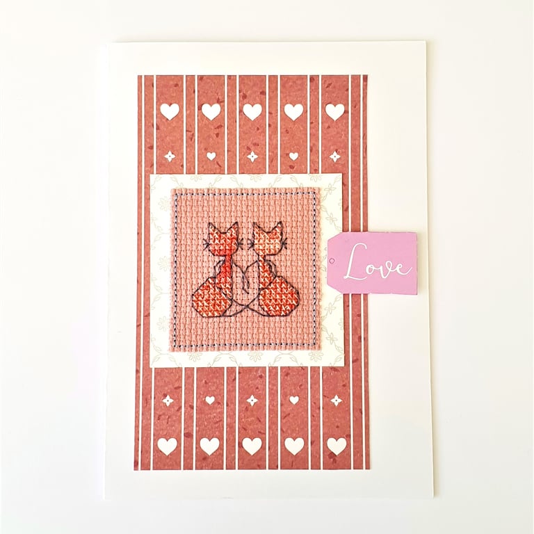 Cats cross stitch card with the wording 'Love'