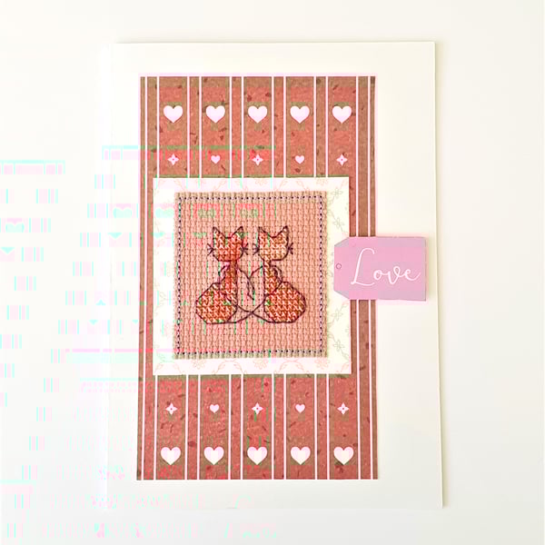 Cats cross stitch card with the wording 'Love'