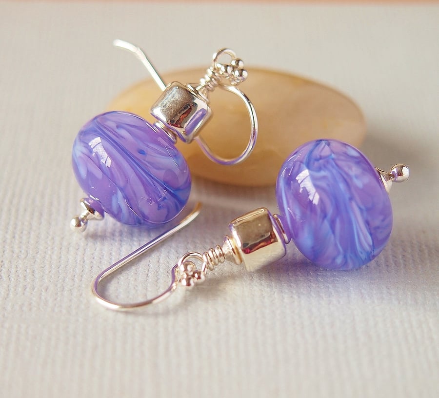 Lavender Blue Lampwork Glass Bead Earrings, Greek Ceramic, Sterling Silver