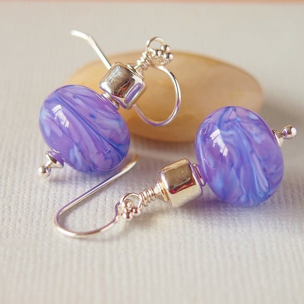 Lavender Blue Lampwork Glass Bead Earrings, Greek Ceramic, Sterling Silver