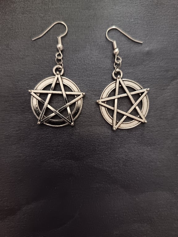 Silver pentacle charm dangle earrings 