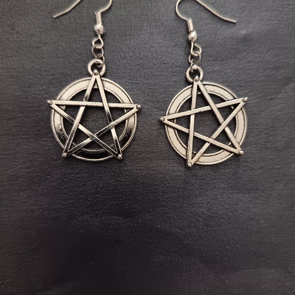 Silver pentacle charm dangle earrings 