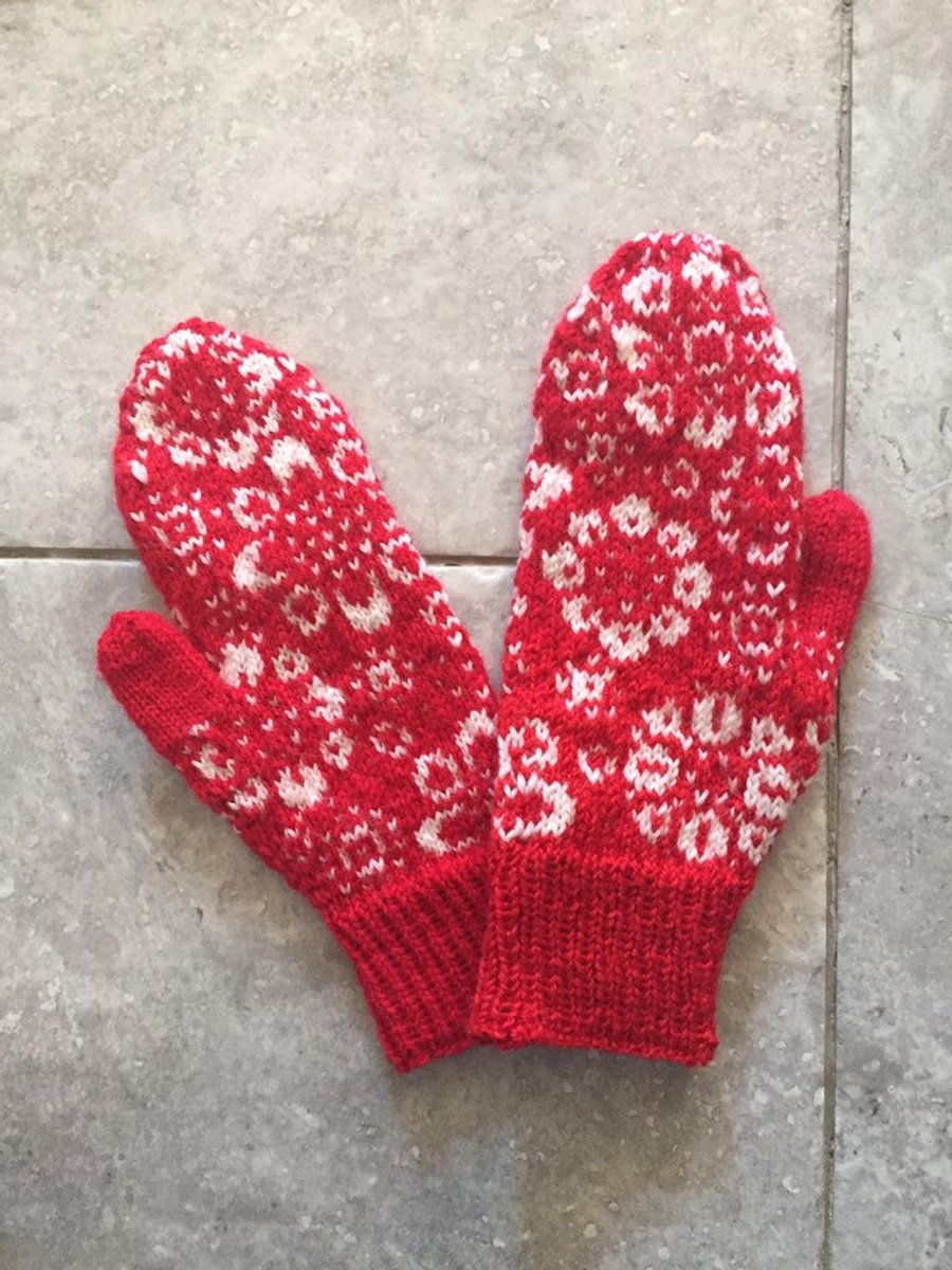 Ready to ship Red White Wool Mittens Floral Fairisle Nordic Winter Christmas
