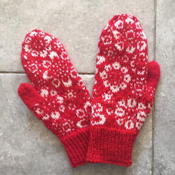 Ready to ship Red White Wool Mittens Floral Fairisle Nordic Winter Christmas