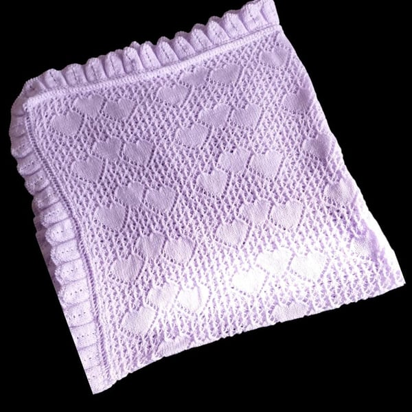 Lilac Baby Blanket, Heart Lace Knit Shawl, Christening & Baby Shower Gift