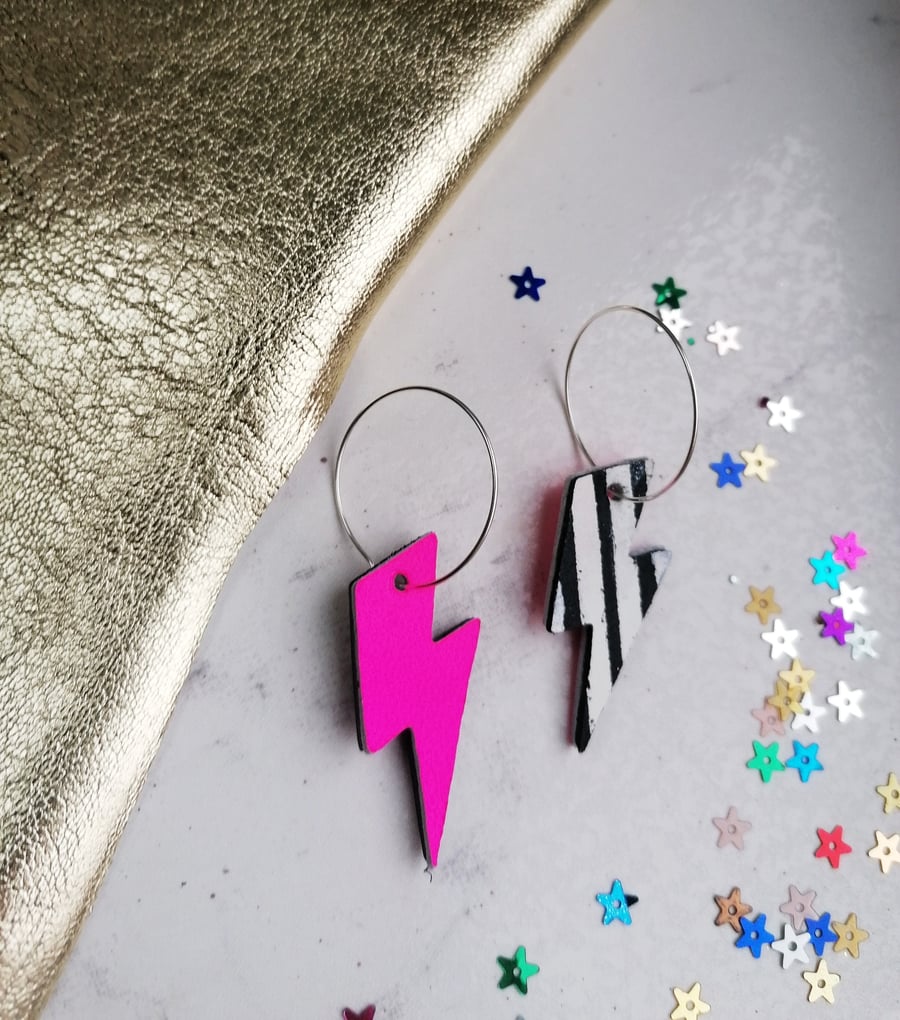 Reversible Lightning Bolt Hoop Earrings - Neon Pink & Mono Stripe