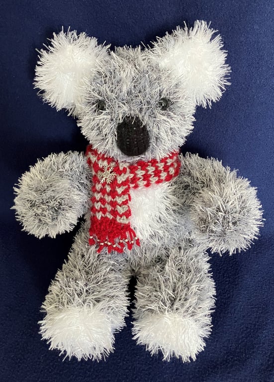 Christmas Koala with dark red and grey beaded scarf - shelf sitter decoration