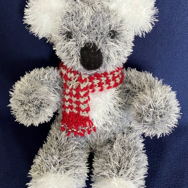 Christmas Koala with dark red and grey beaded scarf - shelf sitter decoration