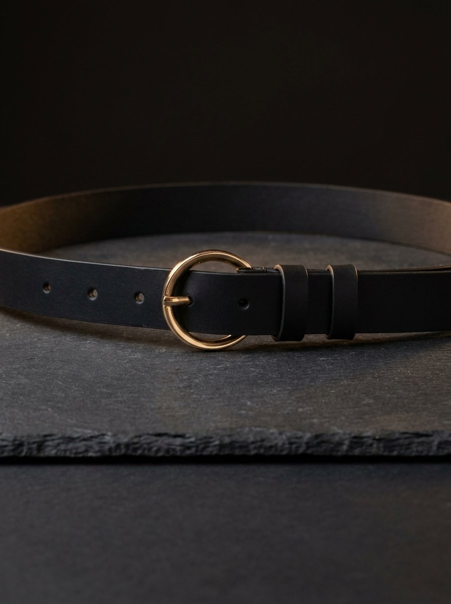 Black Full Grain Leather Belt Gold-Tone Round Buckle Womens Belt 25mm 1 Inch