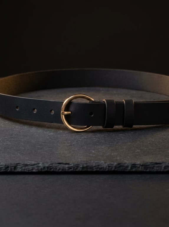 Black Full Grain Leather Belt Gold-Tone Round Buckle Womens Belt 25mm 1 Inch